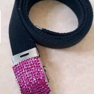 Vintage Ribbed Black Canvas Adjustable 40" Belt w Hot Pink Crystal Bling Buckle